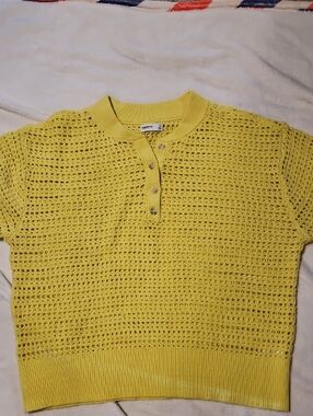 Sonoma Yellow Short-Sleeve Crochet Knit Crewneck Sweater